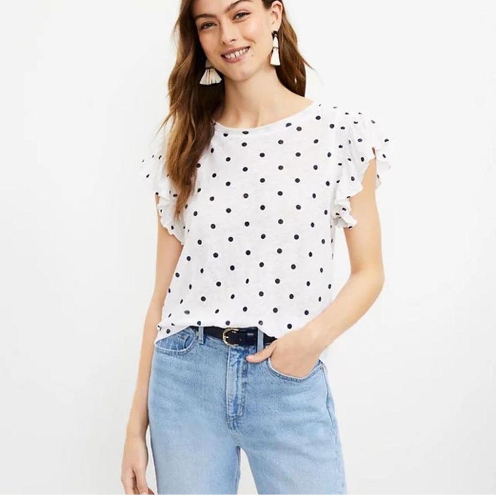 Loft | Like new linen polka dot ruffle sleeve tee shirt size medium